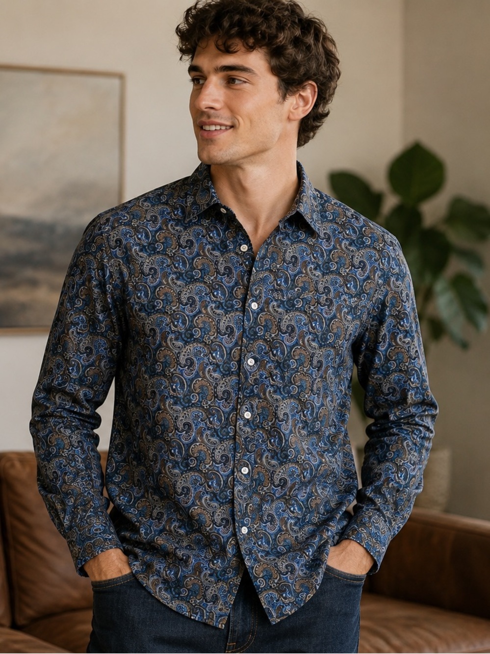 Daniel Cremieux Classics Paisley Blue Brown Shirt Long Sleeve Mens Size M Cotton